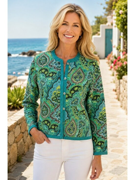 None Detected Jackets & Blazers - Reversible Quilted Button Front Jacket Womens Medium Turquoise PIsley Design